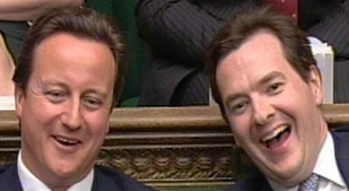 Cameron and Osborne laughing in the house of commons as benefits are cut